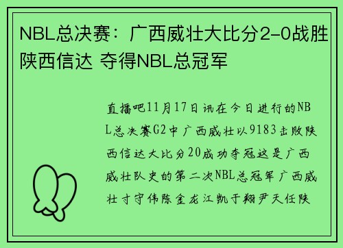 NBL总决赛：广西威壮大比分2-0战胜陕西信达 夺得NBL总冠军