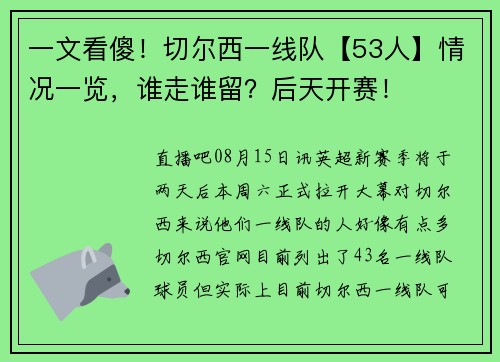 一文看傻！切尔西一线队【53人】情况一览，谁走谁留？后天开赛！