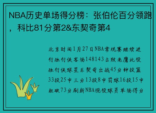 NBA历史单场得分榜：张伯伦百分领跑，科比81分第2&东契奇第4