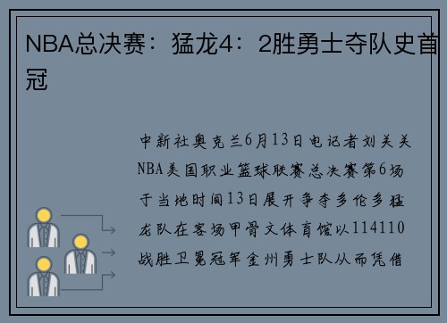 NBA总决赛：猛龙4：2胜勇士夺队史首冠